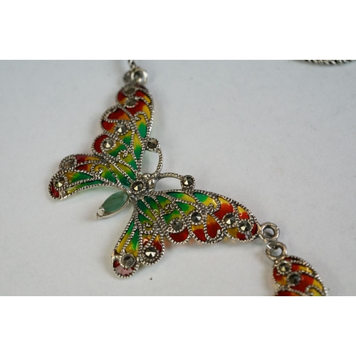 180 - A silver and plique-a-jour butterfly necklace