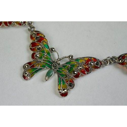 180 - A silver and plique-a-jour butterfly necklace