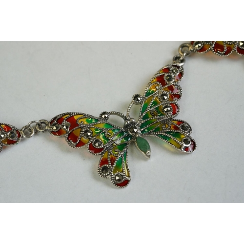 180 - A silver and plique-a-jour butterfly necklace