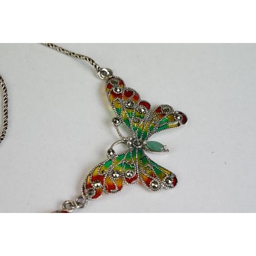 180 - A silver and plique-a-jour butterfly necklace