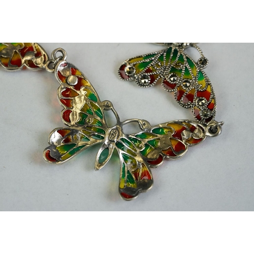 180 - A silver and plique-a-jour butterfly necklace