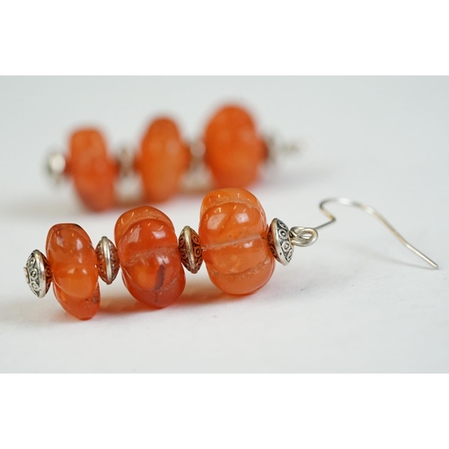 190 - A carved stone beaded earring and necklace set with pumpkin shaped beaded and leaf clasp.