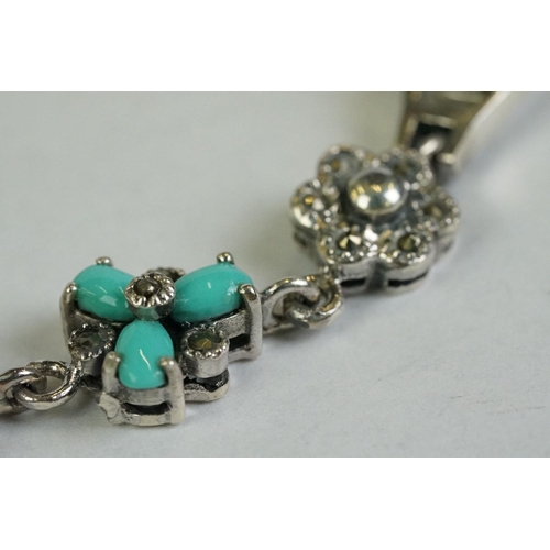 195 - A silver marcasite and turquoise set bracelet