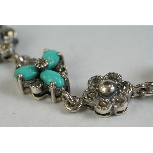 195 - A silver marcasite and turquoise set bracelet