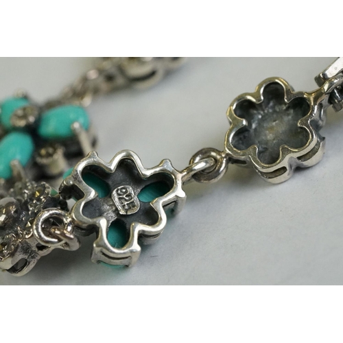 195 - A silver marcasite and turquoise set bracelet