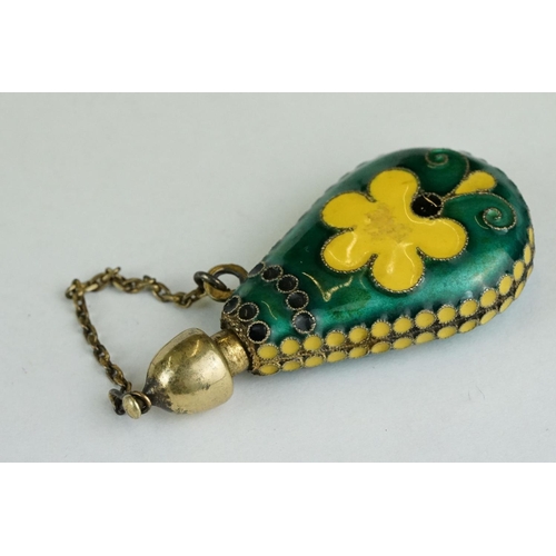 262 - Russian enamelled silver gilt scent bottle of tear-drop shaped form, yellow and green enamel, the sc... 