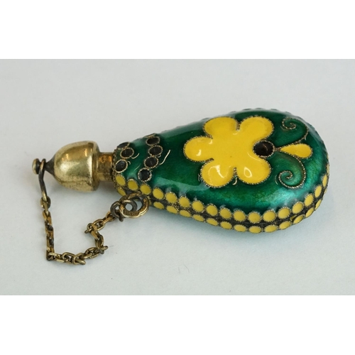 262 - Russian enamelled silver gilt scent bottle of tear-drop shaped form, yellow and green enamel, the sc... 