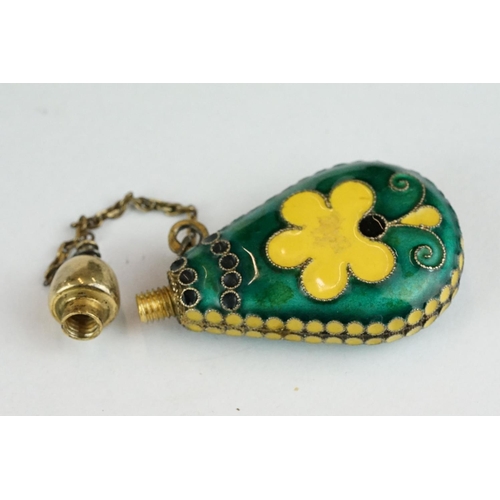 262 - Russian enamelled silver gilt scent bottle of tear-drop shaped form, yellow and green enamel, the sc... 