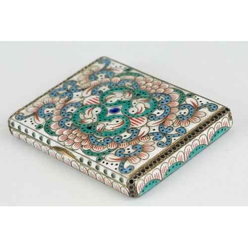 264 - Enamelled silver snuff box, the hinged lid and body with blue, green and white cloisonne enamel scro... 