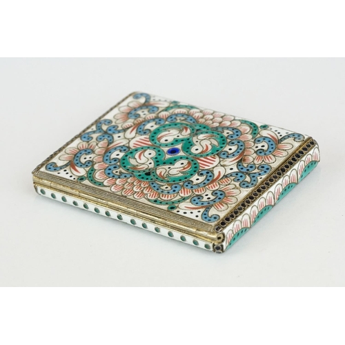 264 - Enamelled silver snuff box, the hinged lid and body with blue, green and white cloisonne enamel scro... 