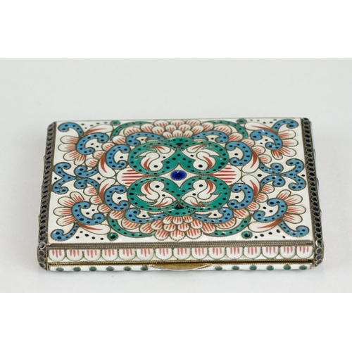 264 - Enamelled silver snuff box, the hinged lid and body with blue, green and white cloisonne enamel scro... 