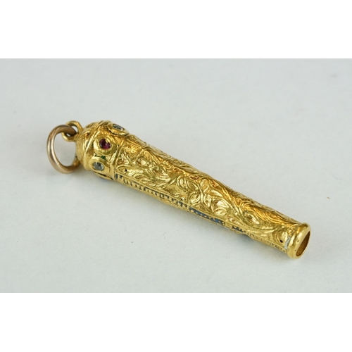 265 - 18th/19th century diamond and ruby unmarked yellow gold whistle, small alternate rose cut diamonds a... 