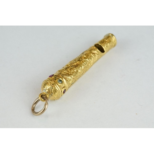 265 - 18th/19th century diamond and ruby unmarked yellow gold whistle, small alternate rose cut diamonds a... 