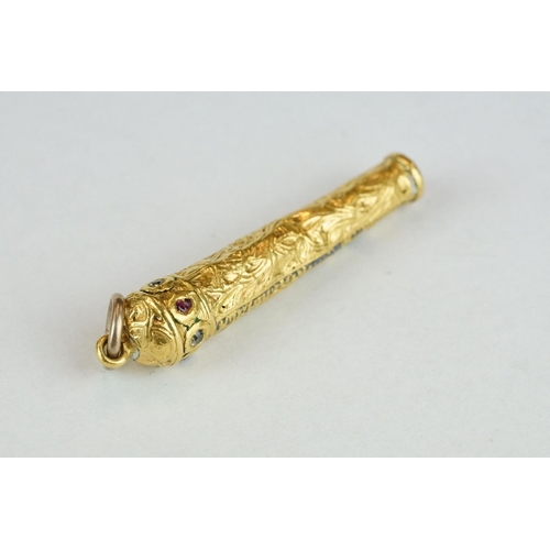 265 - 18th/19th century diamond and ruby unmarked yellow gold whistle, small alternate rose cut diamonds a... 