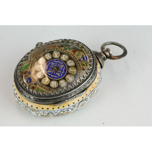 268 - 19th century Viennese enamelled silver fusee movement fob watch, the silver face with enamelled deco... 