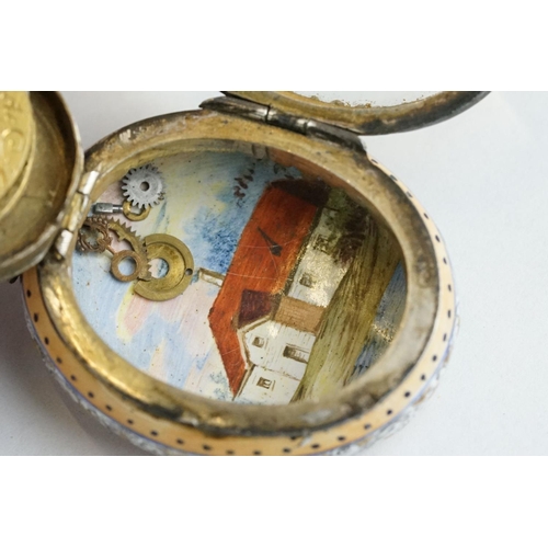 268 - 19th century Viennese enamelled silver fusee movement fob watch, the silver face with enamelled deco... 