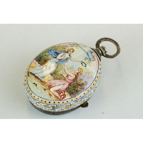 268 - 19th century Viennese enamelled silver fusee movement fob watch, the silver face with enamelled deco... 