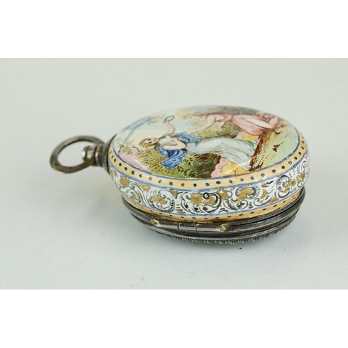 268 - 19th century Viennese enamelled silver fusee movement fob watch, the silver face with enamelled deco... 