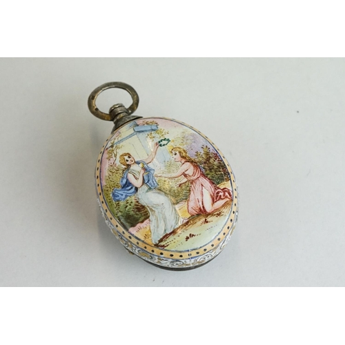 268 - 19th century Viennese enamelled silver fusee movement fob watch, the silver face with enamelled deco... 