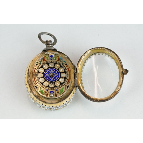 268 - 19th century Viennese enamelled silver fusee movement fob watch, the silver face with enamelled deco... 