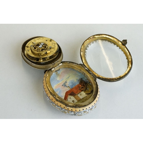 268 - 19th century Viennese enamelled silver fusee movement fob watch, the silver face with enamelled deco... 