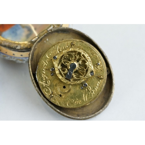 268 - 19th century Viennese enamelled silver fusee movement fob watch, the silver face with enamelled deco... 