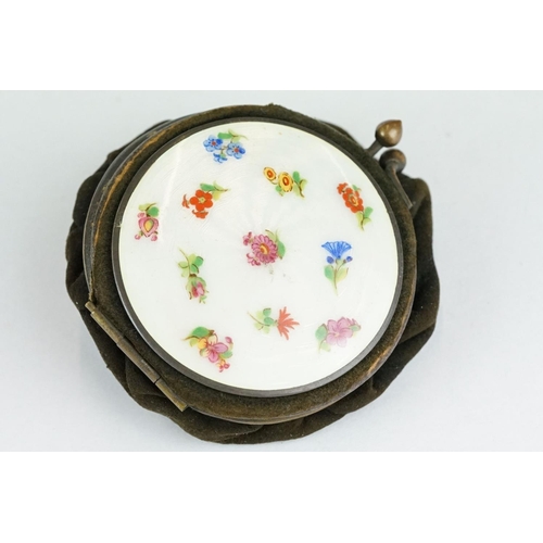 273 - Enamelled compact of material purse form, white guilloche enamel with hand painted floral decoration... 