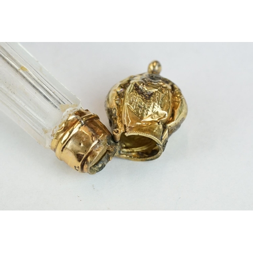 274 - Late 18th century glass scent bottle, tapered faceted form with bulbous base, yellow metal mounts, c... 