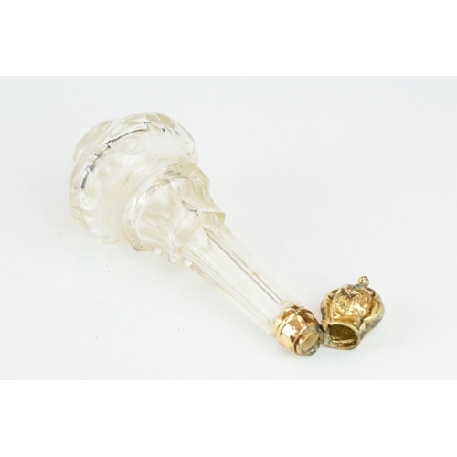 274 - Late 18th century glass scent bottle, tapered faceted form with bulbous base, yellow metal mounts, c... 