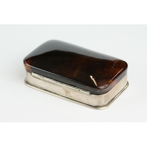 282 - Early 20th century tortoiseshell silver snuff box, tortoiseshell hinged lid, plain polished silver b... 