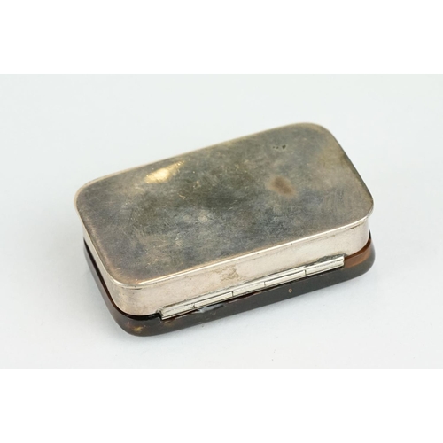 282 - Early 20th century tortoiseshell silver snuff box, tortoiseshell hinged lid, plain polished silver b... 