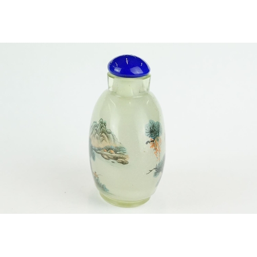 288 - Reverse painted Chinese snuff bottle, depicting a stork on a branch and a mountainous lakeside scene... 