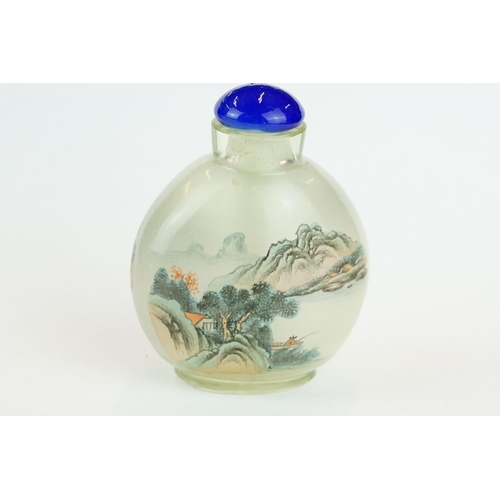 288 - Reverse painted Chinese snuff bottle, depicting a stork on a branch and a mountainous lakeside scene... 