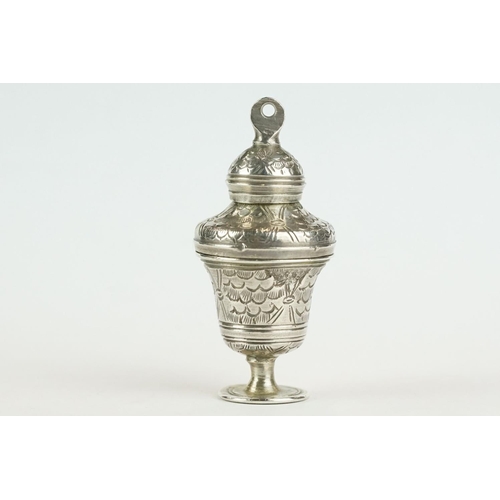 293 - Early 18th century white metal pomander modelled as an urn, engraved scalloped and banded decoration... 