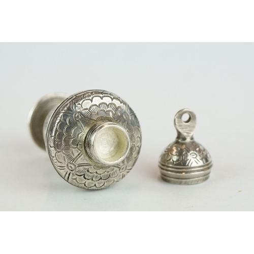 293 - Early 18th century white metal pomander modelled as an urn, engraved scalloped and banded decoration... 