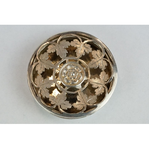 297 - 18th century white metal spice box, circular, pierced lid, ivy leaf decoration with rose to centre, ... 