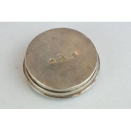 297 - 18th century white metal spice box, circular, pierced lid, ivy leaf decoration with rose to centre, ... 