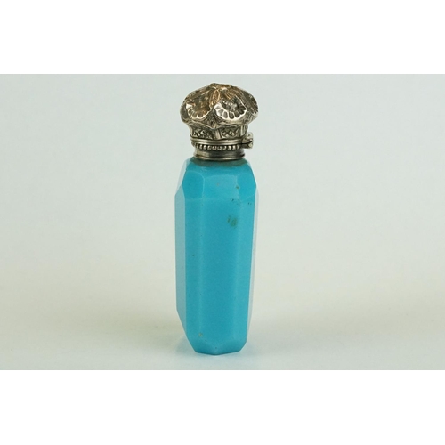 302 - Continental late 19th / early 20th century turquoise glass scent bottle with white metal hinged lid,... 