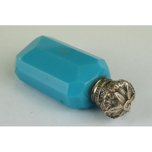 302 - Continental late 19th / early 20th century turquoise glass scent bottle with white metal hinged lid,... 