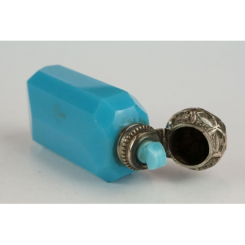 302 - Continental late 19th / early 20th century turquoise glass scent bottle with white metal hinged lid,... 