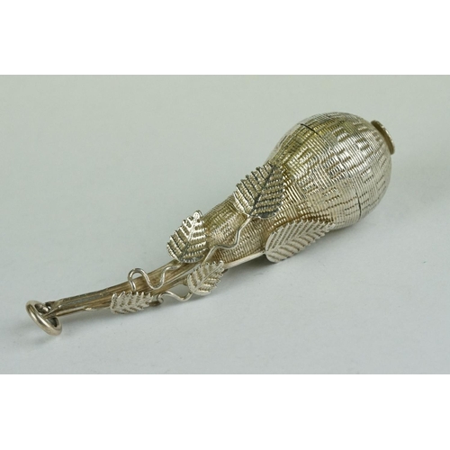 303 - Early 18th century white metal pomander, modelled as a gourd with trailing leaf decoration, unscrews... 