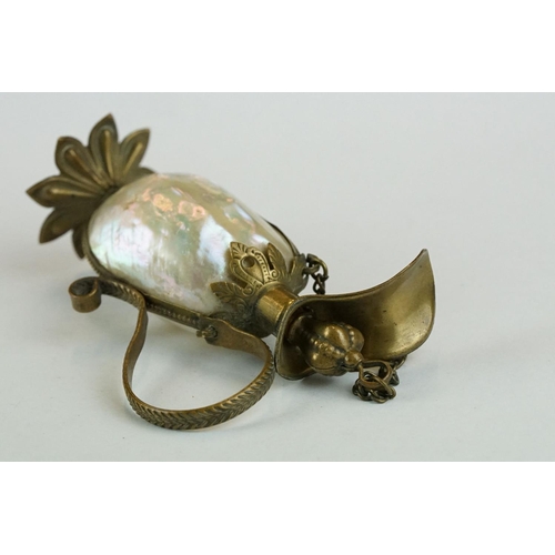 305 - 19th century Continental scent bottle modelled as a footed jug, mother-of-pearl body, brass mounts, ... 