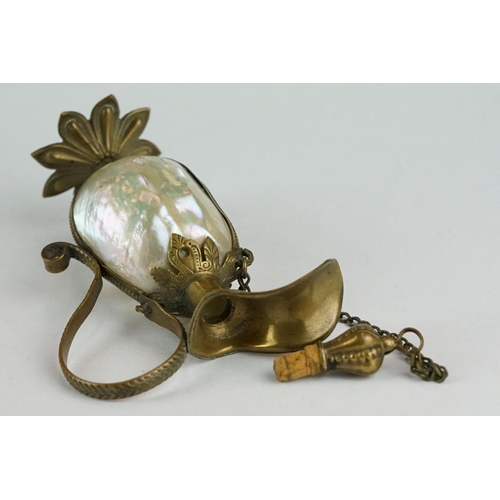 305 - 19th century Continental scent bottle modelled as a footed jug, mother-of-pearl body, brass mounts, ... 