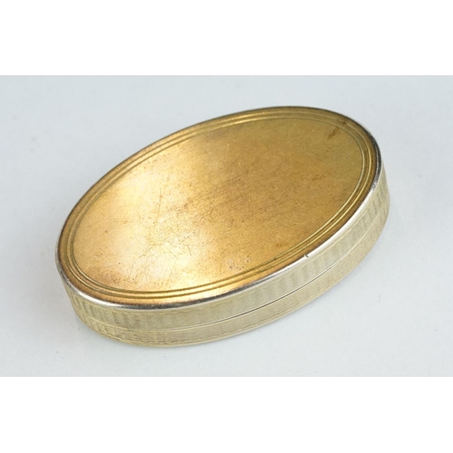 310 - 19th century oval gilt snuff box, circa 1870, possibly French, indistinct hallmark to the rim, lengt... 