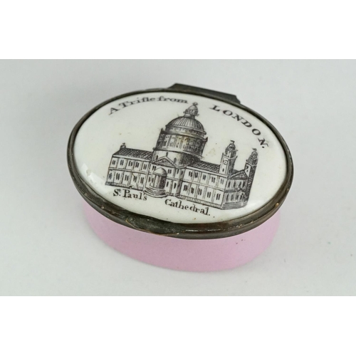 316 - George III enamel patch box, the hinged lid depicting St. Paul's Cathedral with the words 