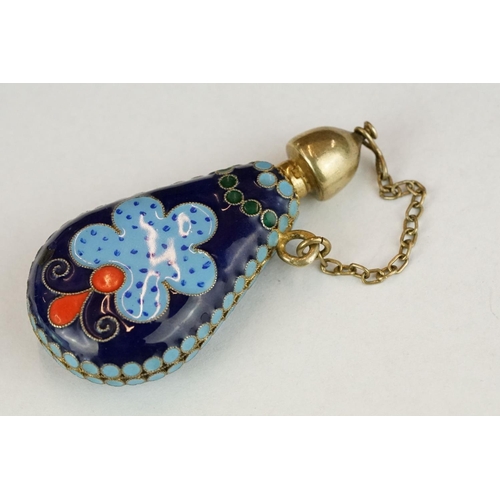 317 - Russian enamelled cloisonne scent bottle, bottle form with screw-top cap and safety chain; blue, red... 