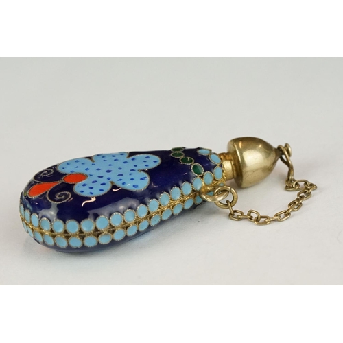 317 - Russian enamelled cloisonne scent bottle, bottle form with screw-top cap and safety chain; blue, red... 