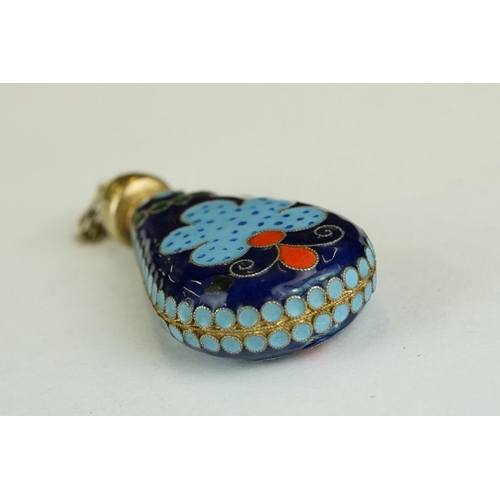 317 - Russian enamelled cloisonne scent bottle, bottle form with screw-top cap and safety chain; blue, red... 