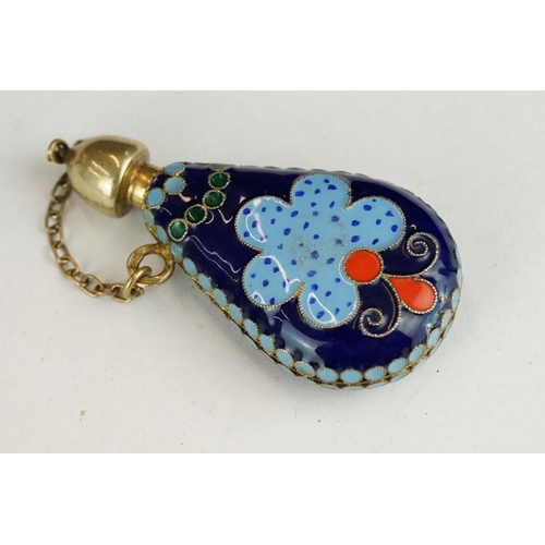 317 - Russian enamelled cloisonne scent bottle, bottle form with screw-top cap and safety chain; blue, red... 