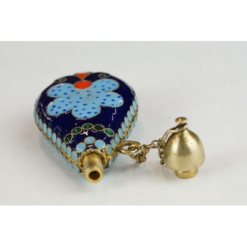 317 - Russian enamelled cloisonne scent bottle, bottle form with screw-top cap and safety chain; blue, red... 